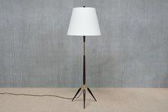 Lampada da terra scultorea danese moderna a treppiede in ottone, faggio e lino, anni '60