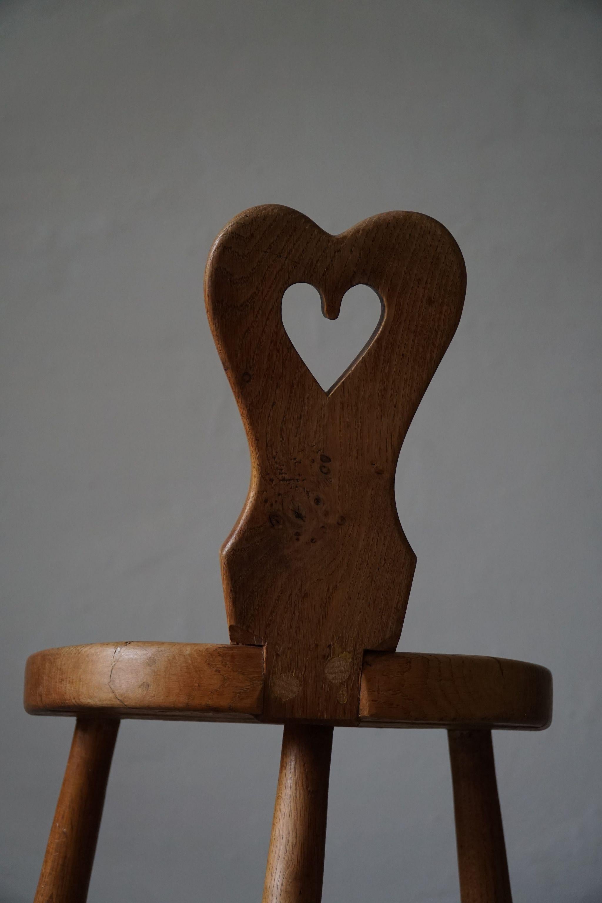 Sculptural Danish Primitive Tripod Heart Chair in Solid Oak, Early 20th Century 1