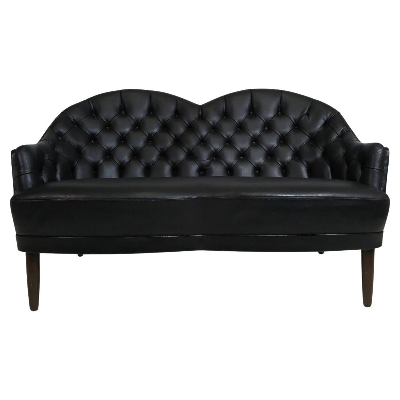 Sculptural Danish Settee in Black Leather For Sale