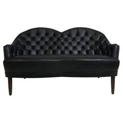 Sculptural Danish Settee in Black Leather