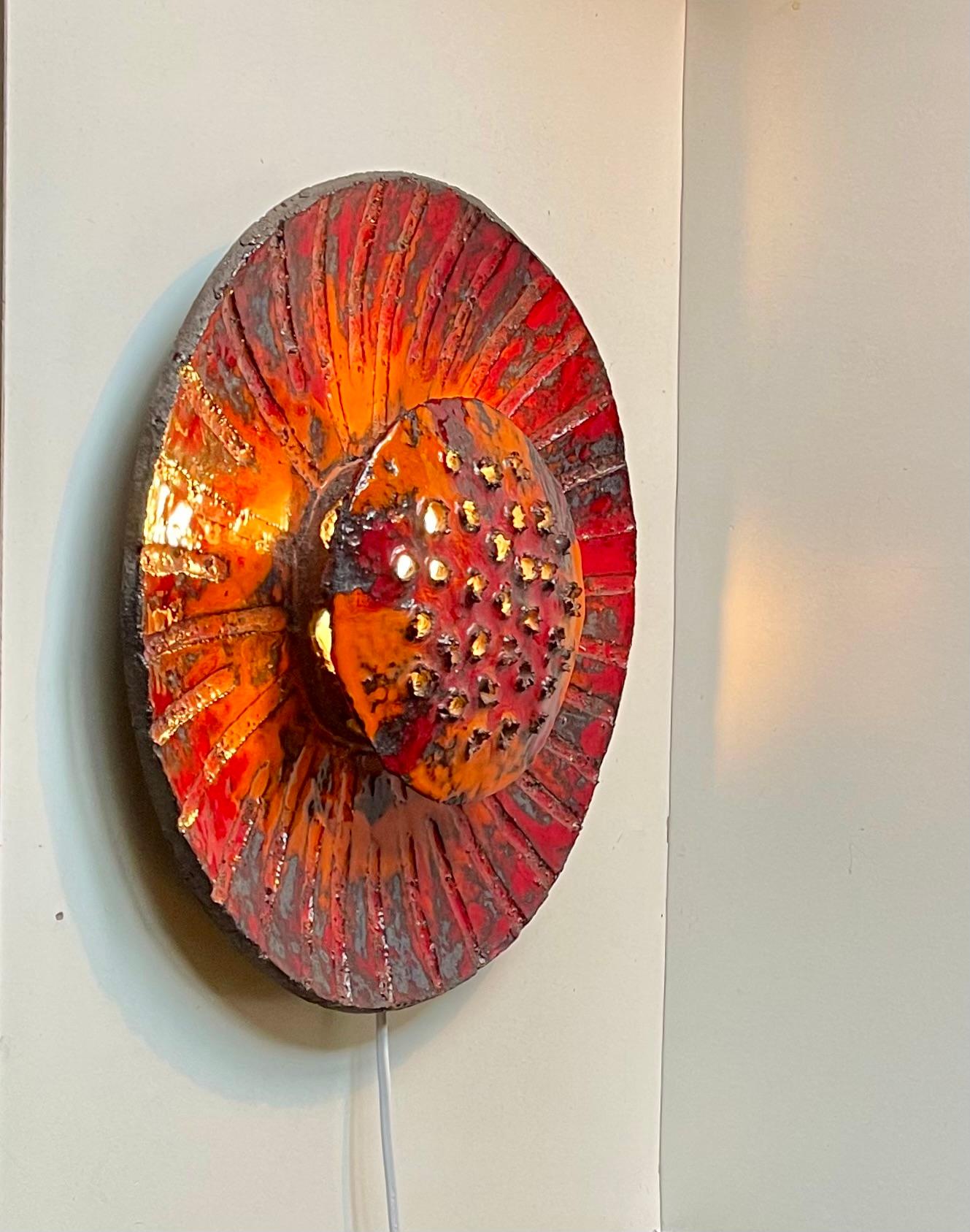 Scandinavian Modern Sculptural Danish Sunflower Wall Sconce in Acid Glazed Stoneware, 1970s For Sale
