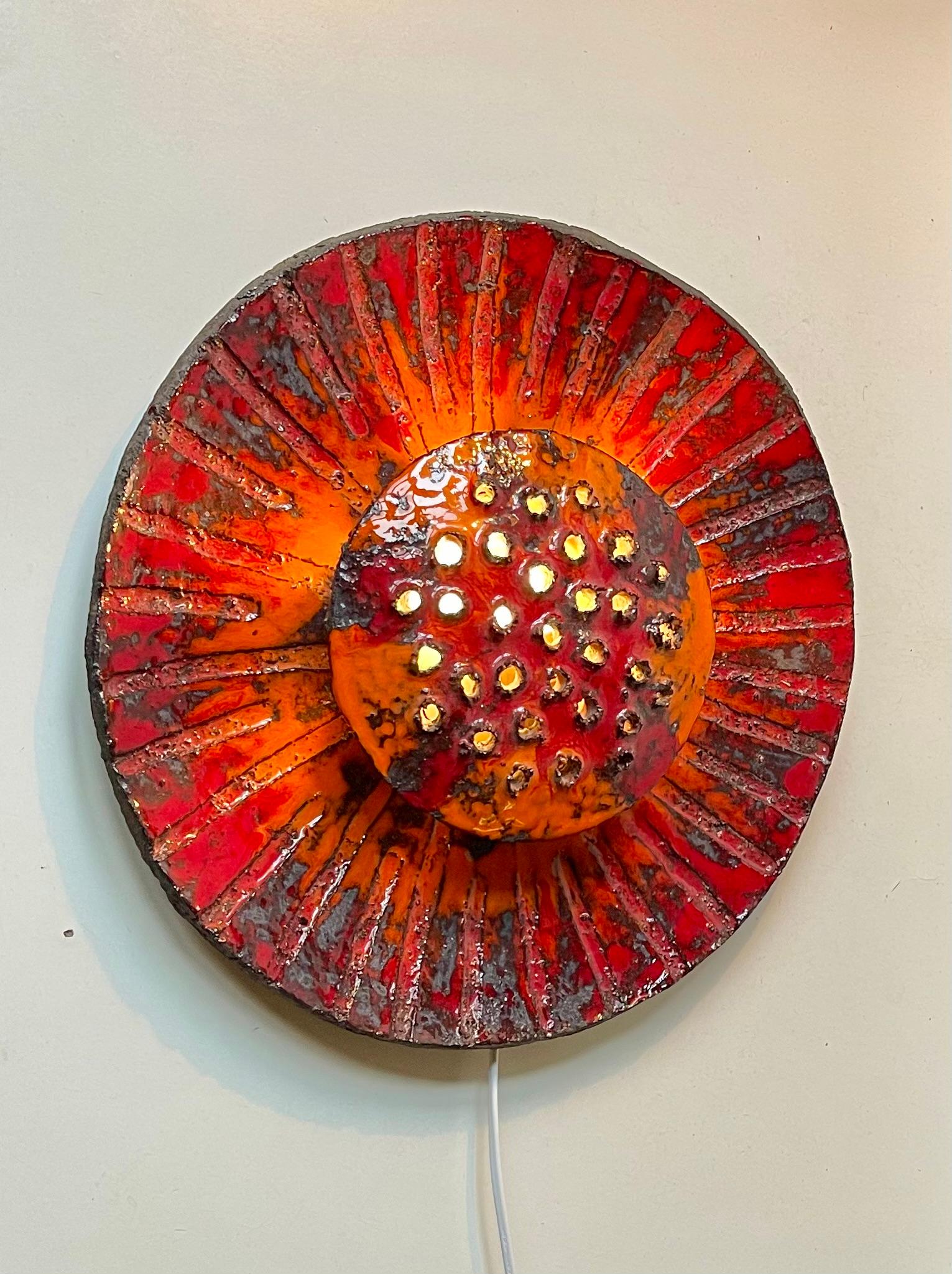 Late 20th Century Sculptural Danish Sunflower Wall Sconce in Acid Glazed Stoneware, 1970s For Sale