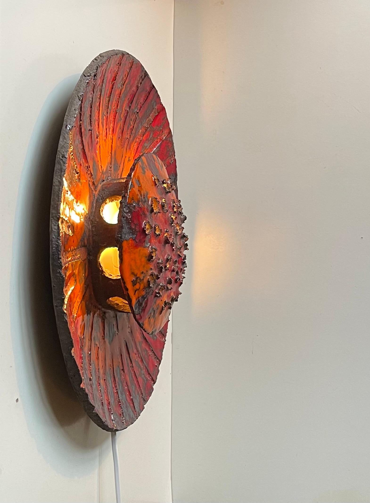 Ceramic Sculptural Danish Sunflower Wall Sconce in Acid Glazed Stoneware, 1970s For Sale