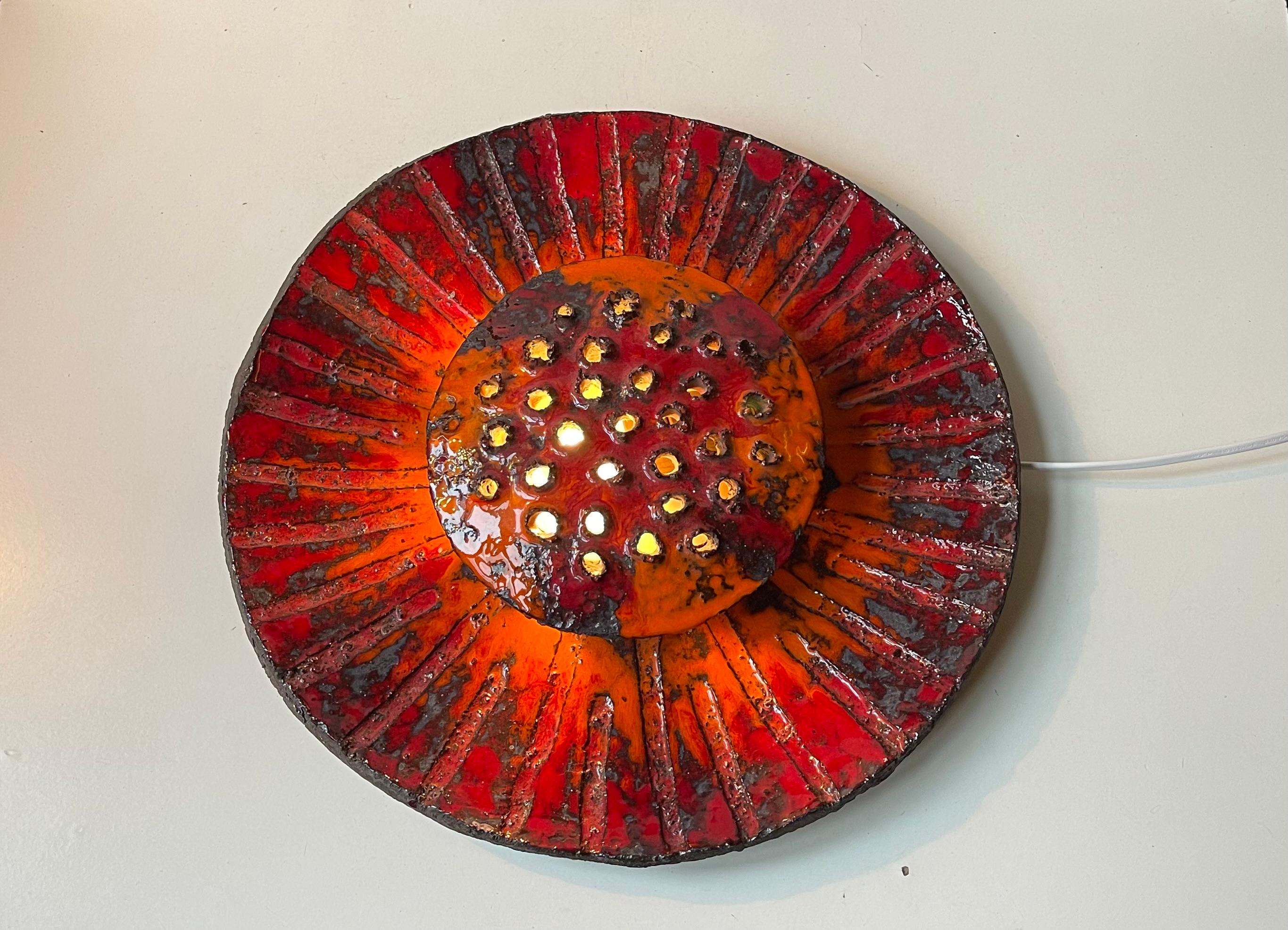 Sculptural Danish Sunflower Wall Sconce in Acid Glazed Stoneware, 1970s For Sale 1