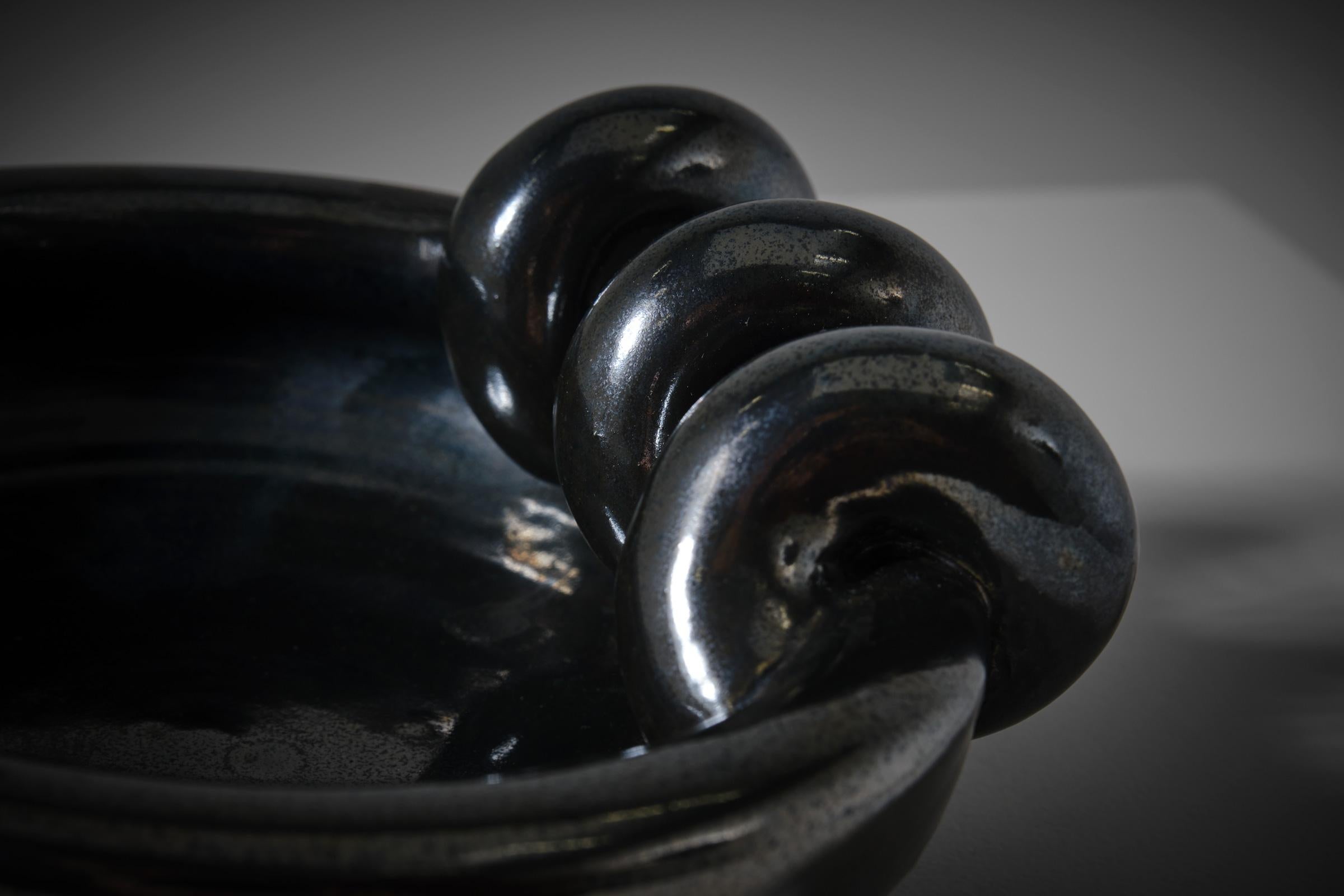 Mid-Century Modern Sculptural Dark Metallic Glazed Ceramic Vide Poche, France, 1960s For Sale