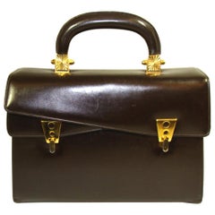 Sculptural Deep Brown Leather Handbag With Asymmetrical Closure Rare
