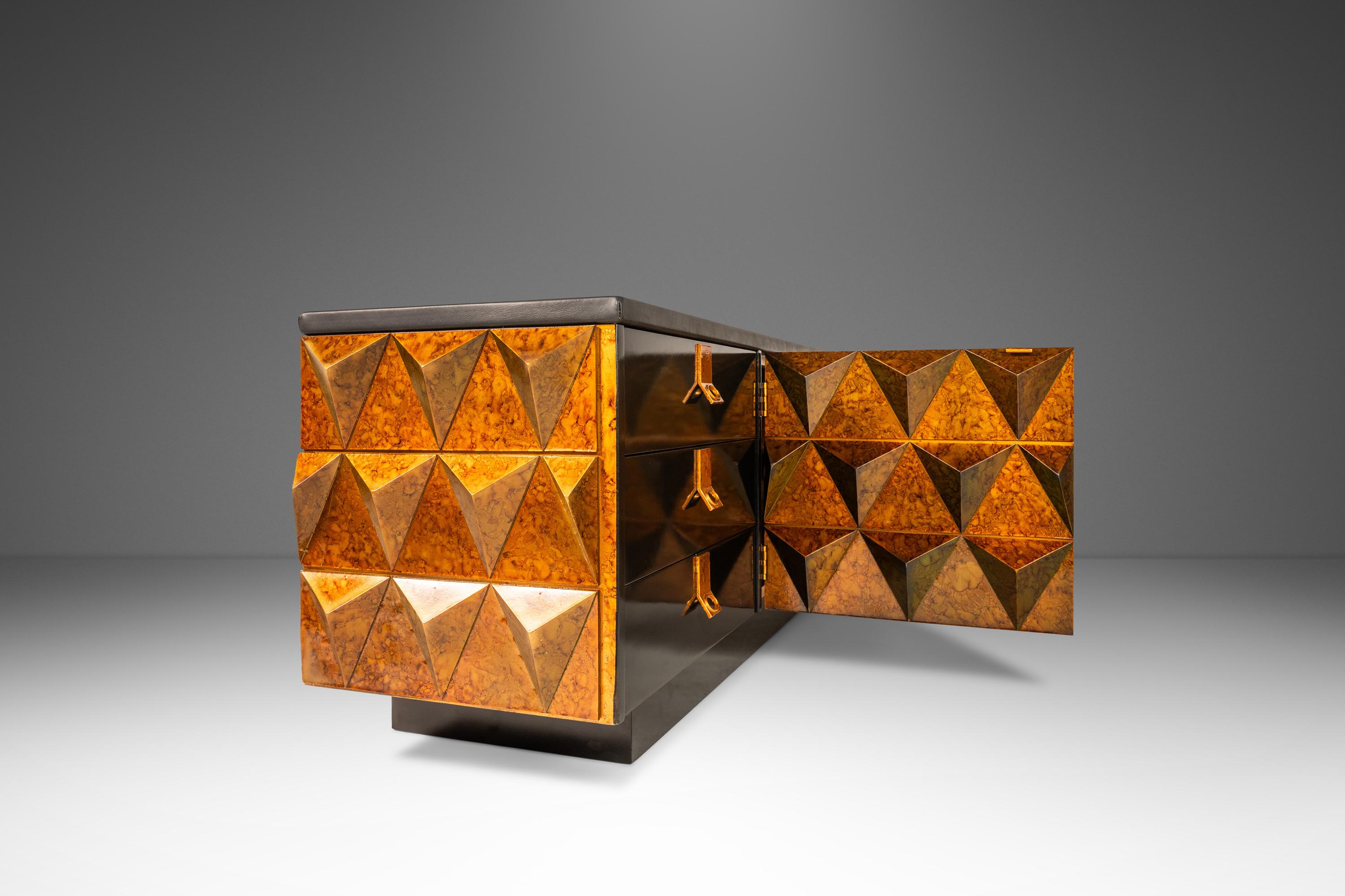 Sculptural Diamond Faced Credenza / Sideboard With Leather Top, Italy, c. 1970's For Sale 3