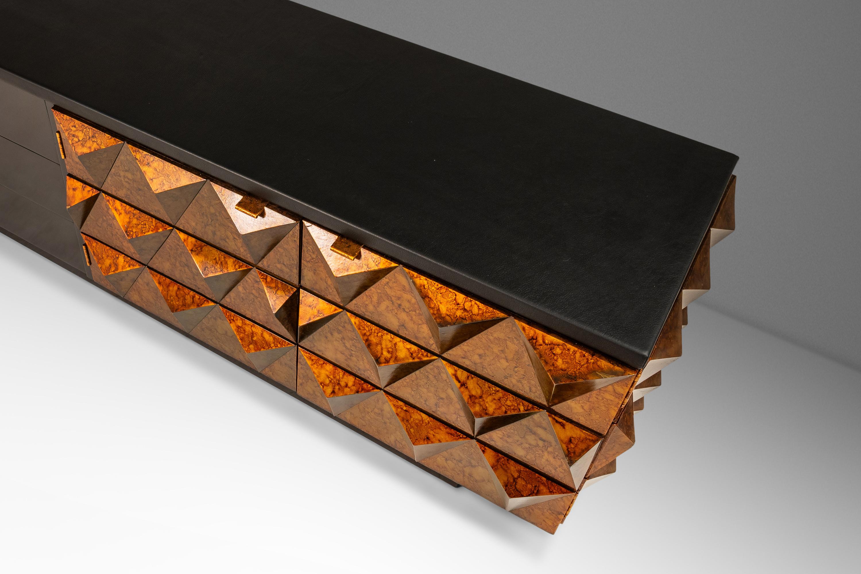 Sculptural Diamond Faced Credenza / Sideboard With Leather Top, Italy, c. 1970's For Sale 4