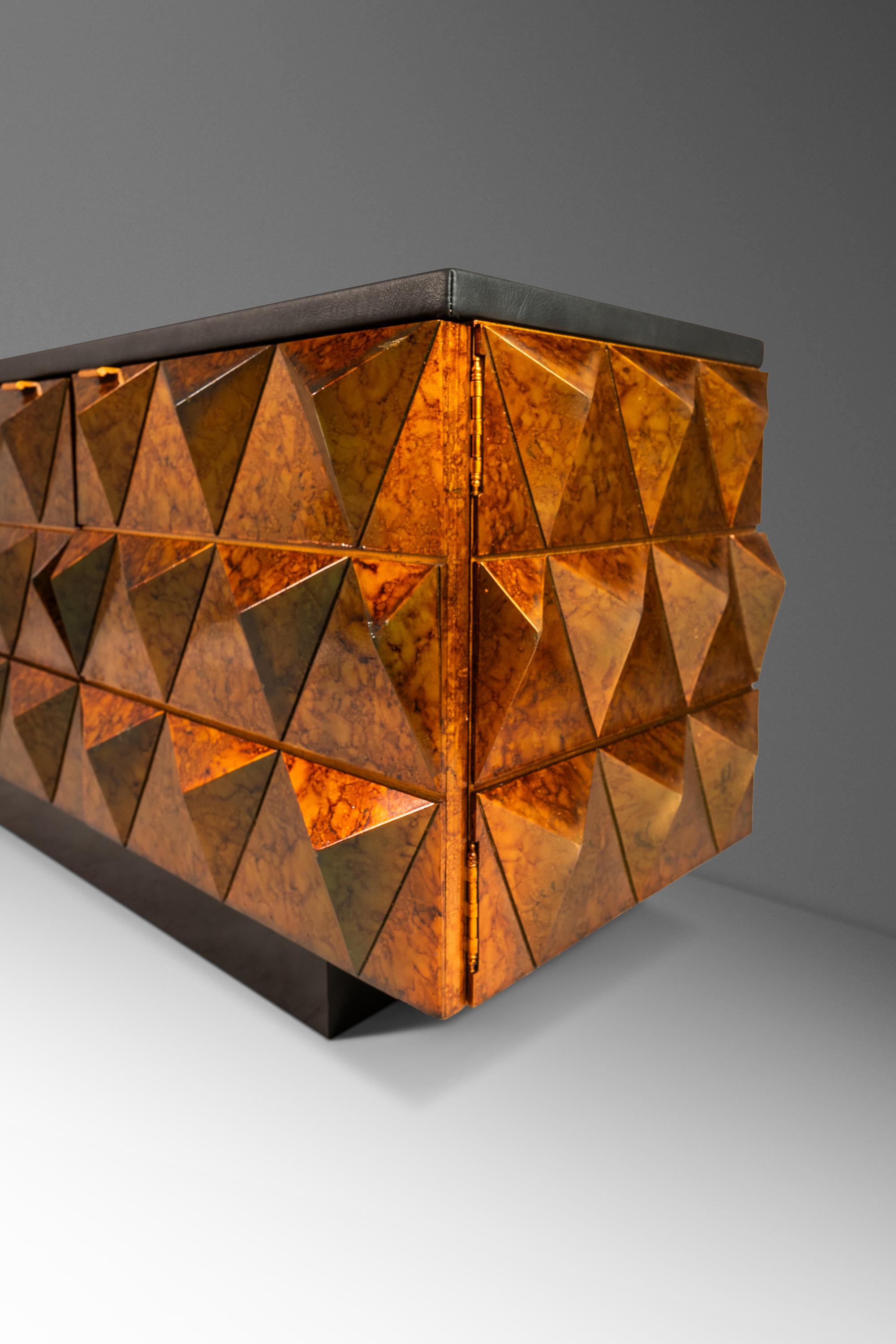 Sculptural Diamond Faced Credenza / Sideboard With Leather Top, Italy, c. 1970's For Sale 7