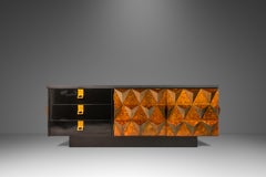 Sculptural Diamond Faced Credenza / Sideboard With Leather Top, Italy, c. 1970's