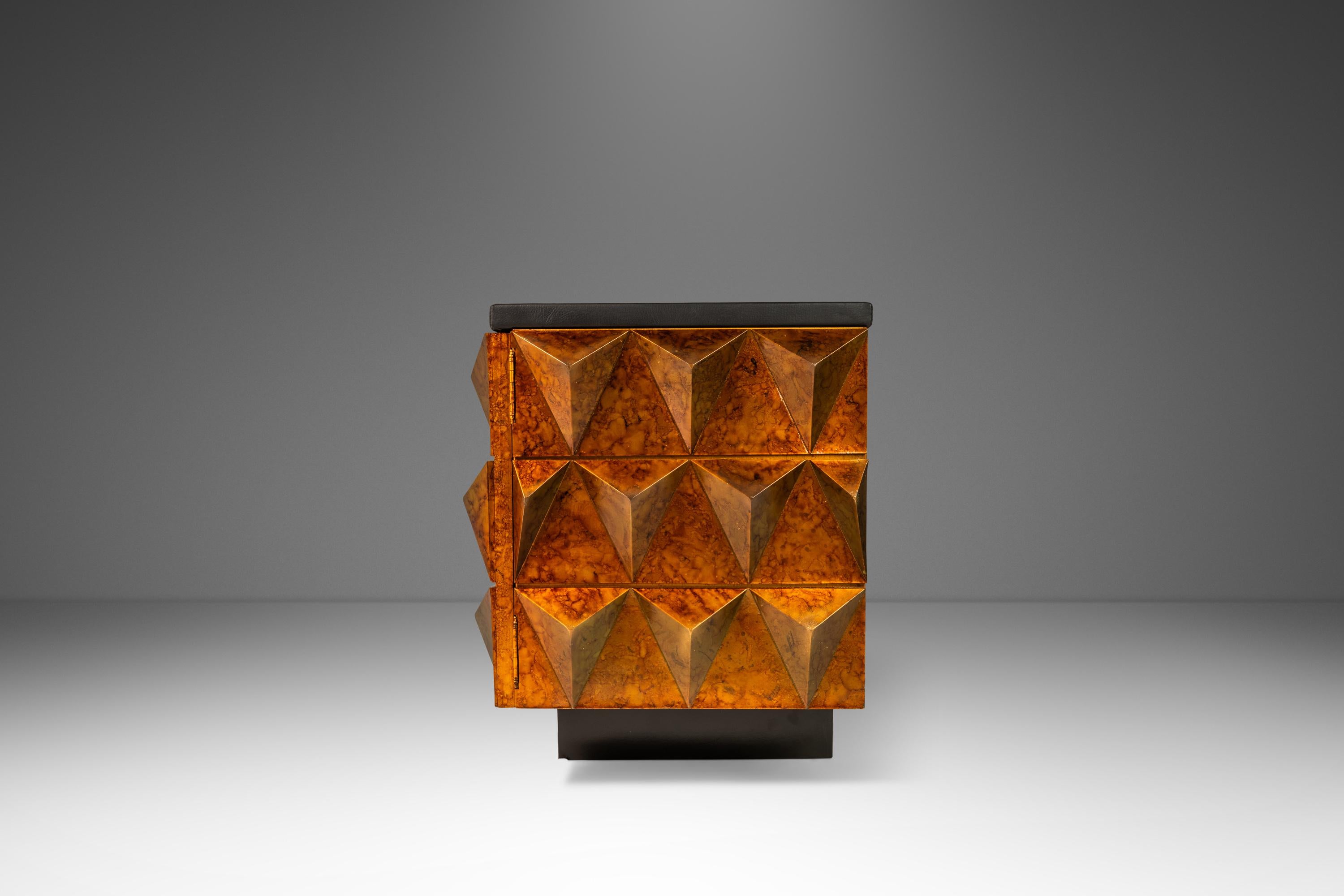 Space Age Sculptural Diamond Faced Credenza / Sideboard With Leather Top, Italy, c. 1970's For Sale