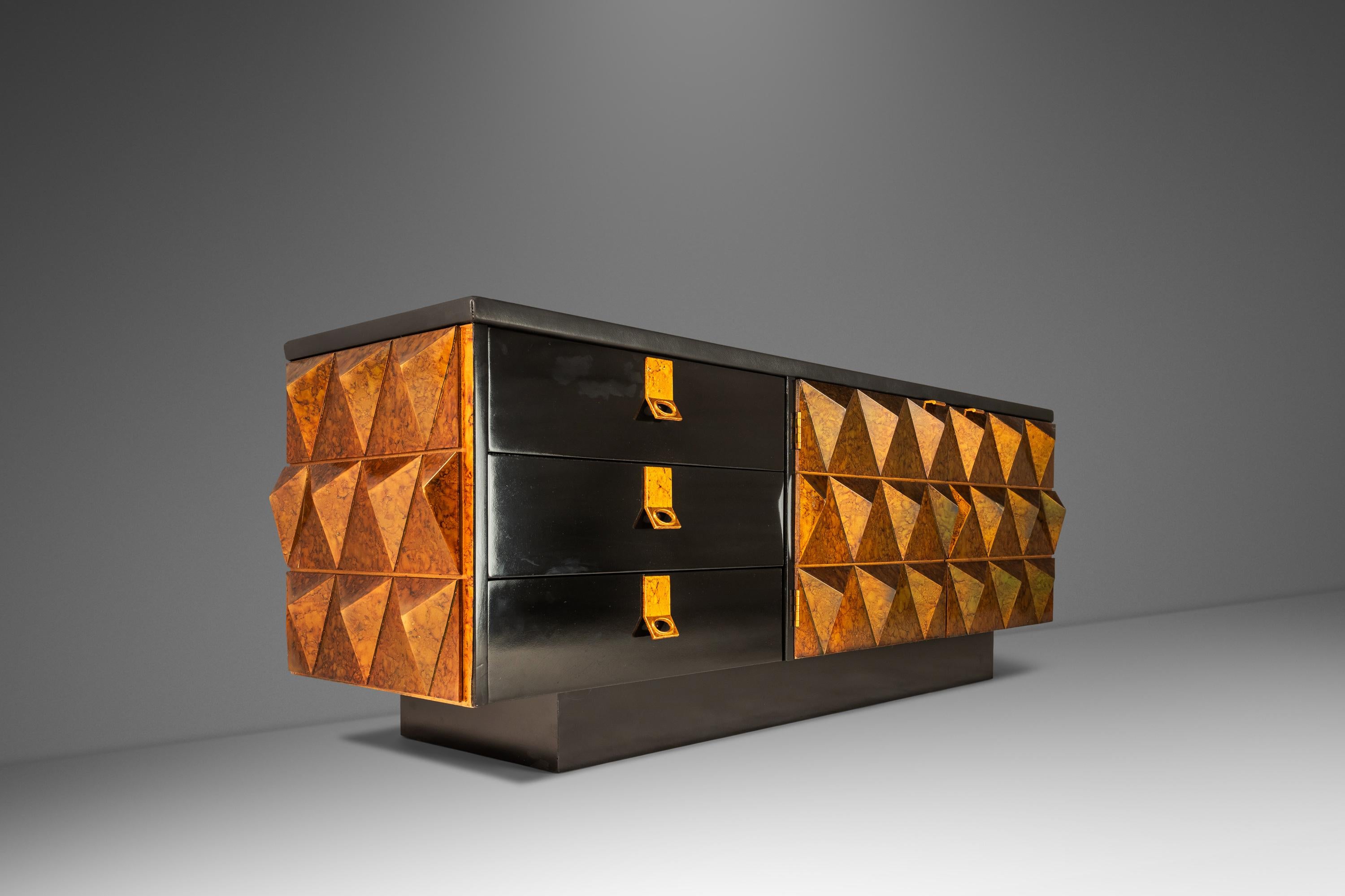 Italian Sculptural Diamond Faced Credenza / Sideboard With Leather Top, Italy, c. 1970's For Sale