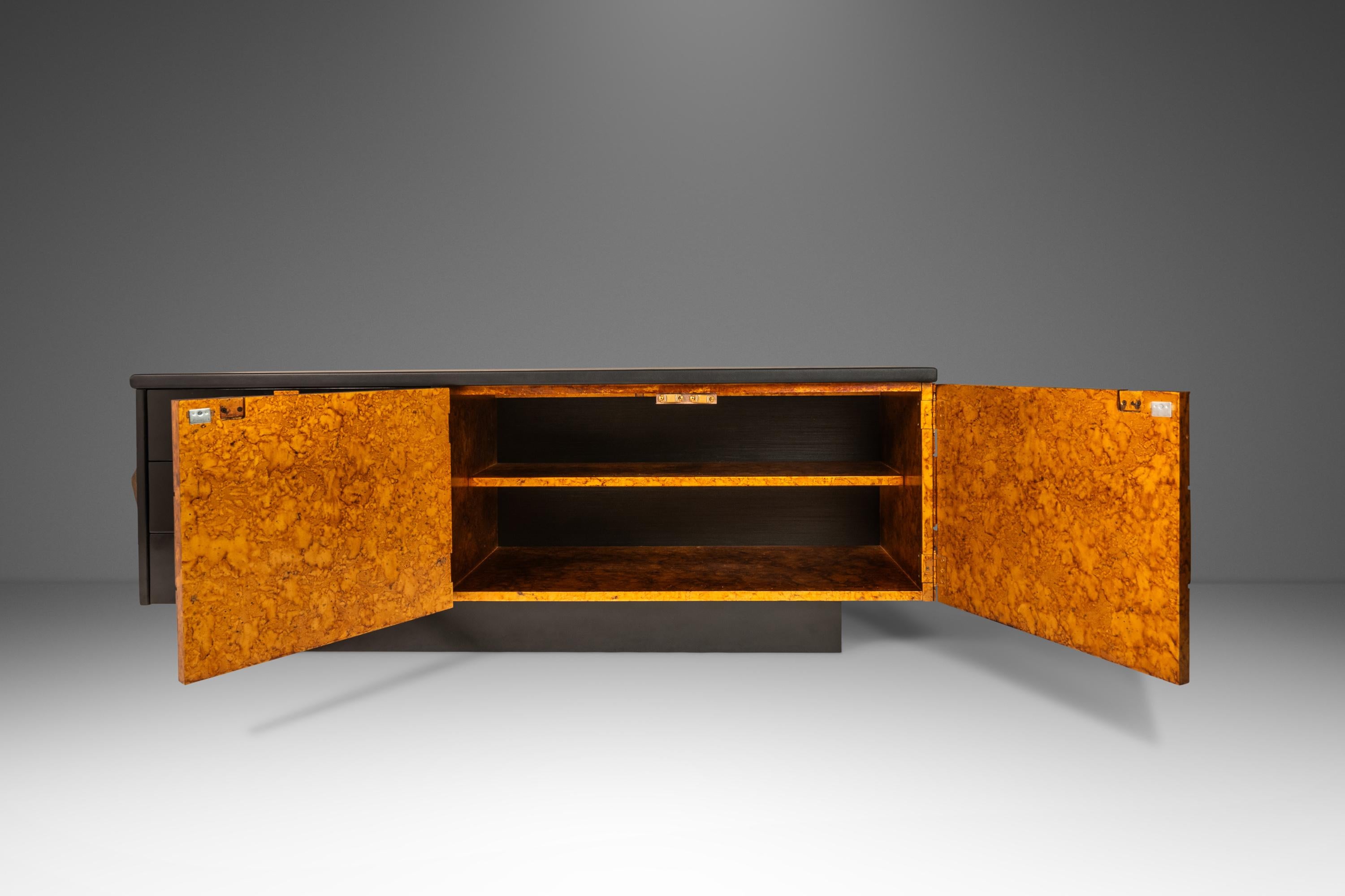 Late 20th Century Sculptural Diamond Faced Credenza / Sideboard With Leather Top, Italy, c. 1970's For Sale