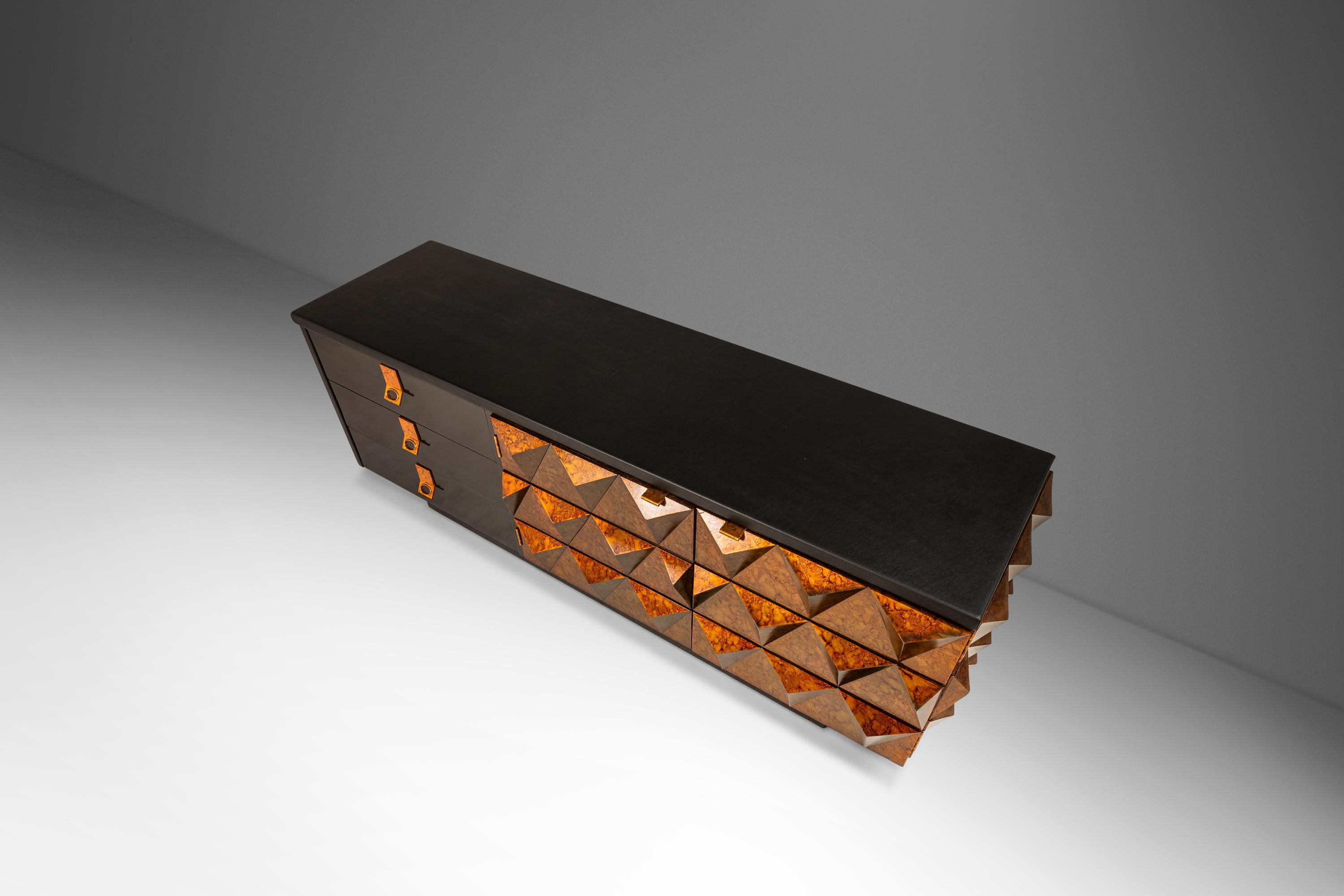 Wood Sculptural Diamond Faced Credenza / Sideboard With Leather Top, Italy, c. 1970's For Sale