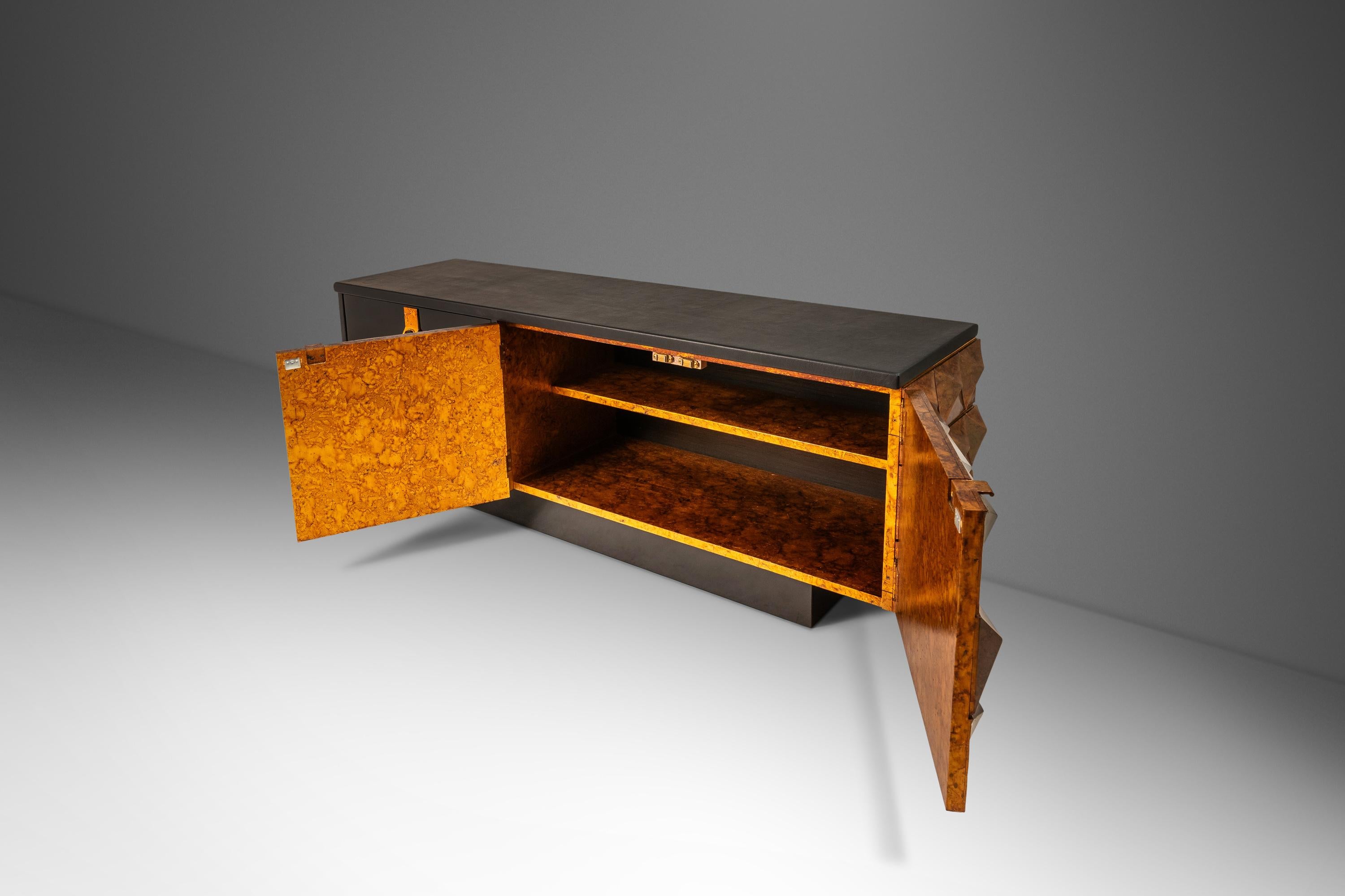 Sculptural Diamond Faced Credenza / Sideboard With Leather Top, Italy, c. 1970's For Sale 1