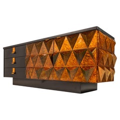 Sculptural Diamond Faced Credenza / Sideboard With Leather Top, Italy, c. 1970's