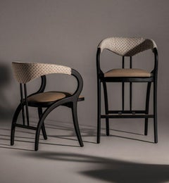 Sculptural Dining Chair in Whitewashed Ashwood with Pale Grey Leather