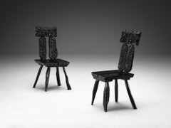Sculptural Dining Chairs in Black Lacquered Wood with Decorative Carvings