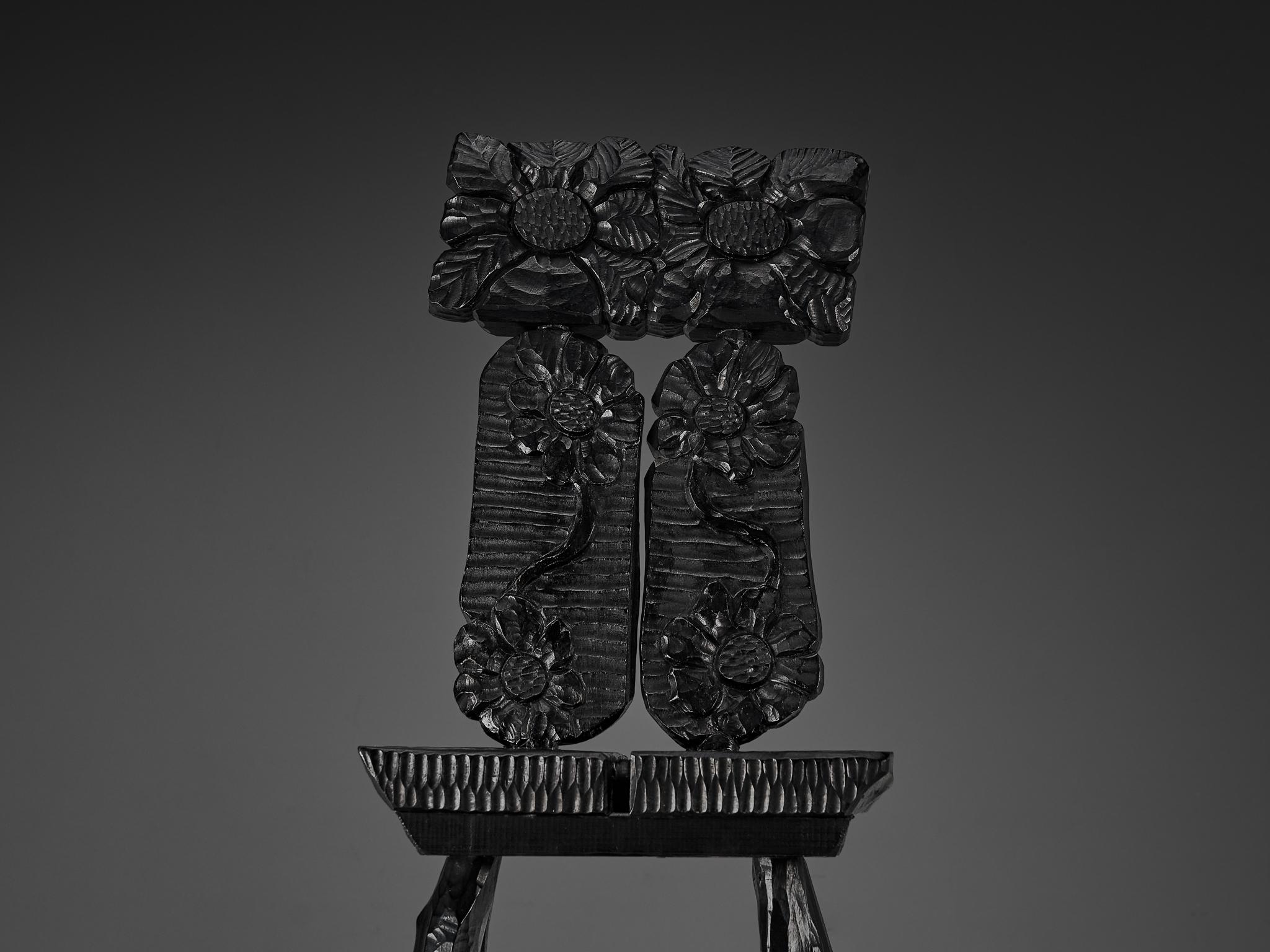 Sculptural Dining Chairs in Black Lacquered Wood with Decorative Carvings  For Sale 2