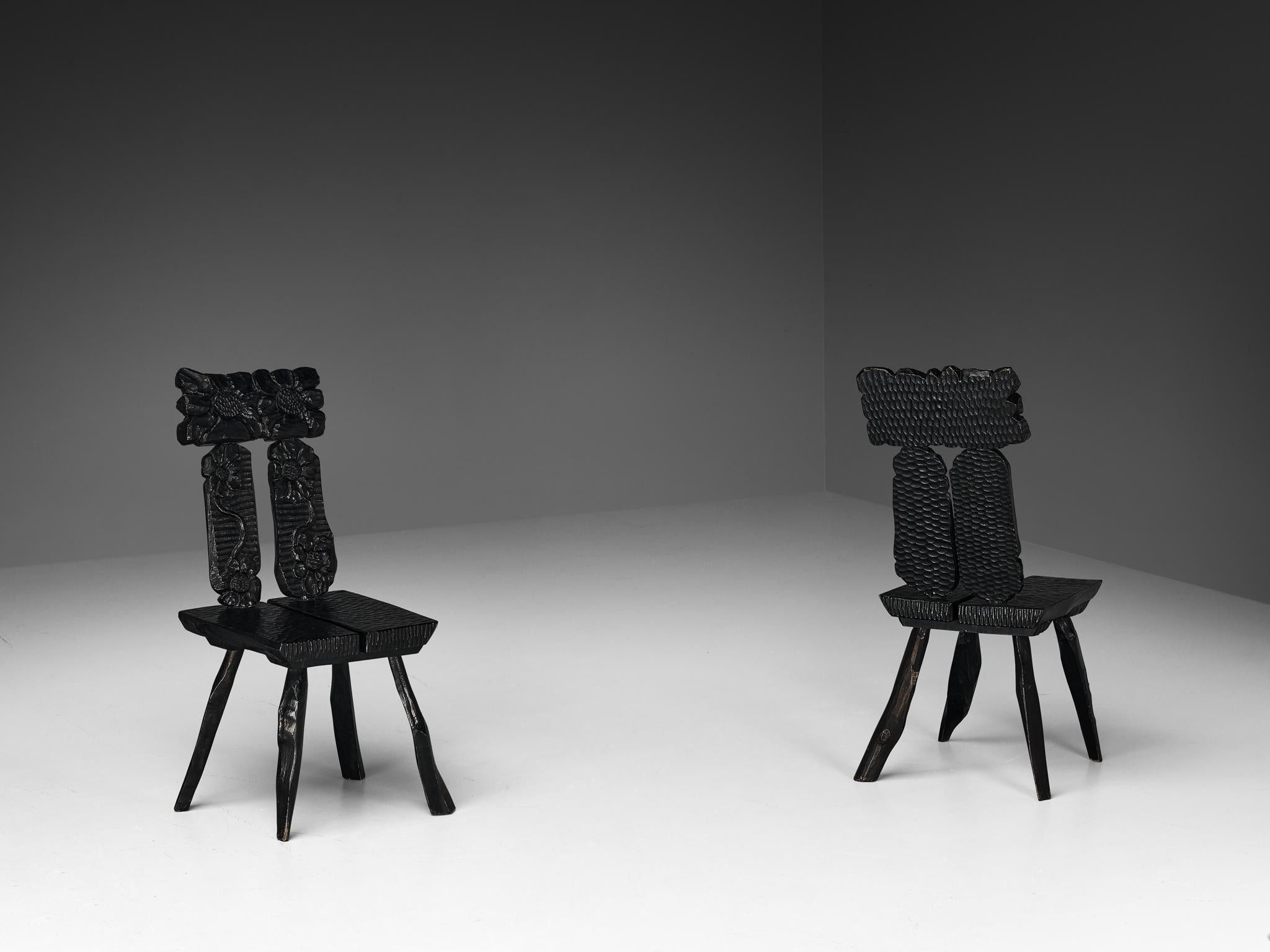 Sculptural Dining Chairs in Black Lacquered Wood with Decorative Carvings  For Sale 4