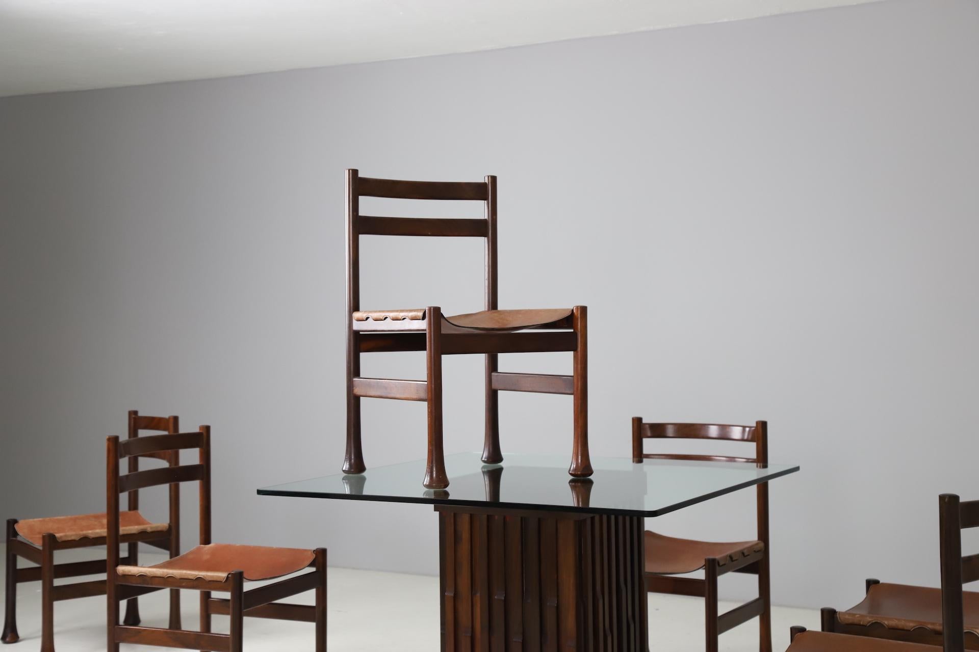 Glass Sculptural Dining Set by Luciano Frigerio in Leather and Mahogany, Italy 1970s For Sale