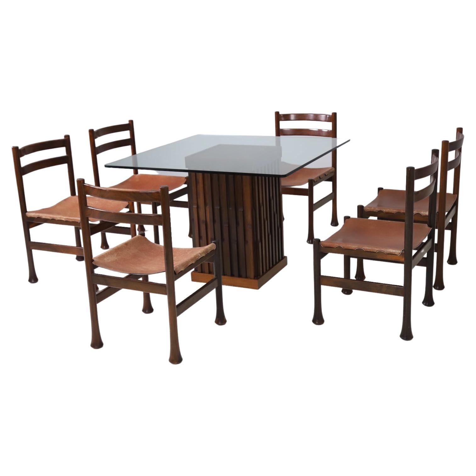 Sculptural Dining Set by Luciano Frigerio in Leather and Mahogany, Italy 1970s For Sale