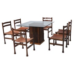 Set da pranzo scultoreo di Luciano Frigerio in pelle e mogano, Italia anni '70