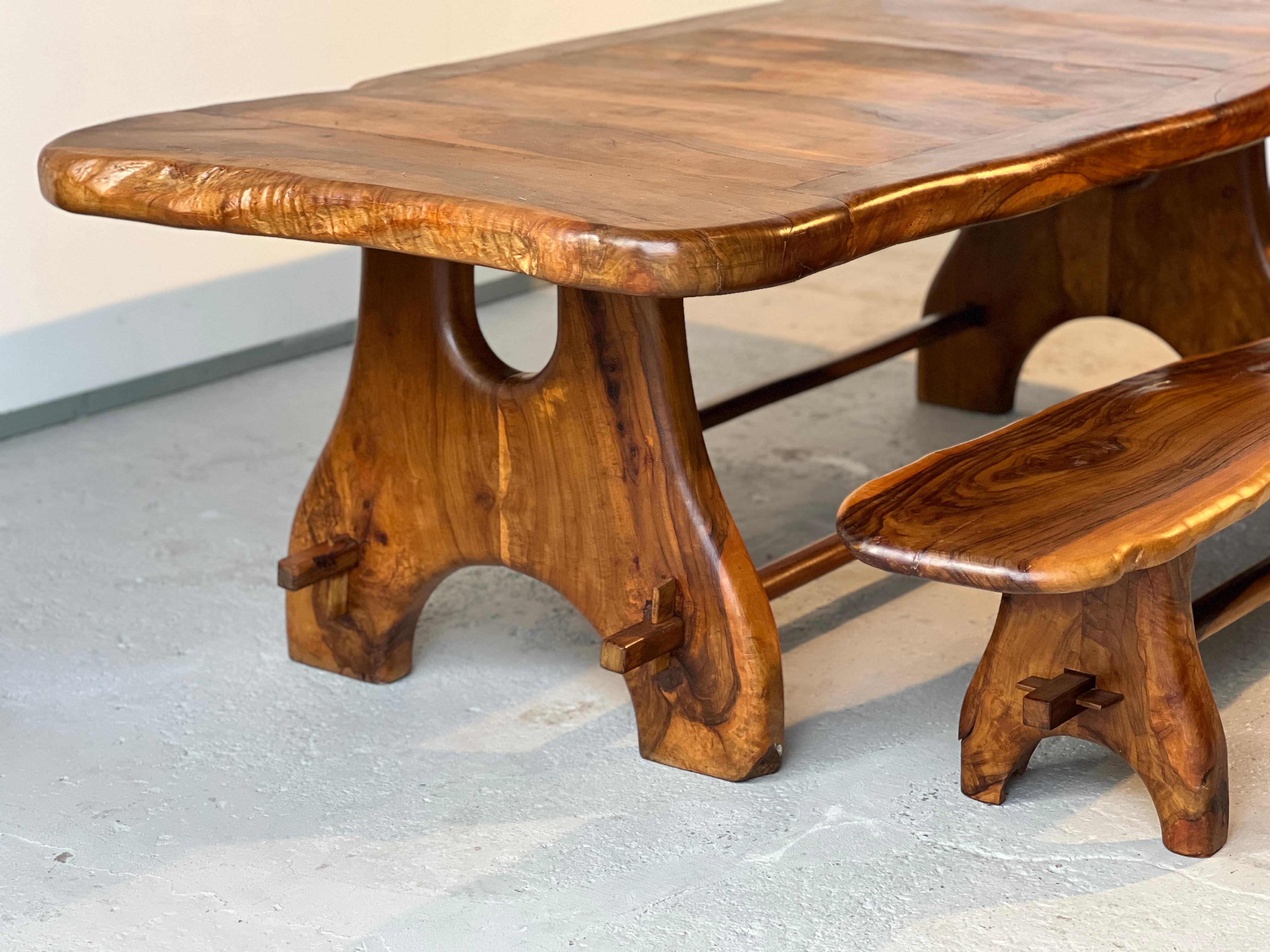 Mid-Century Modern Sculptural dining set in solid olive wood, French work by Maison Skela 1960