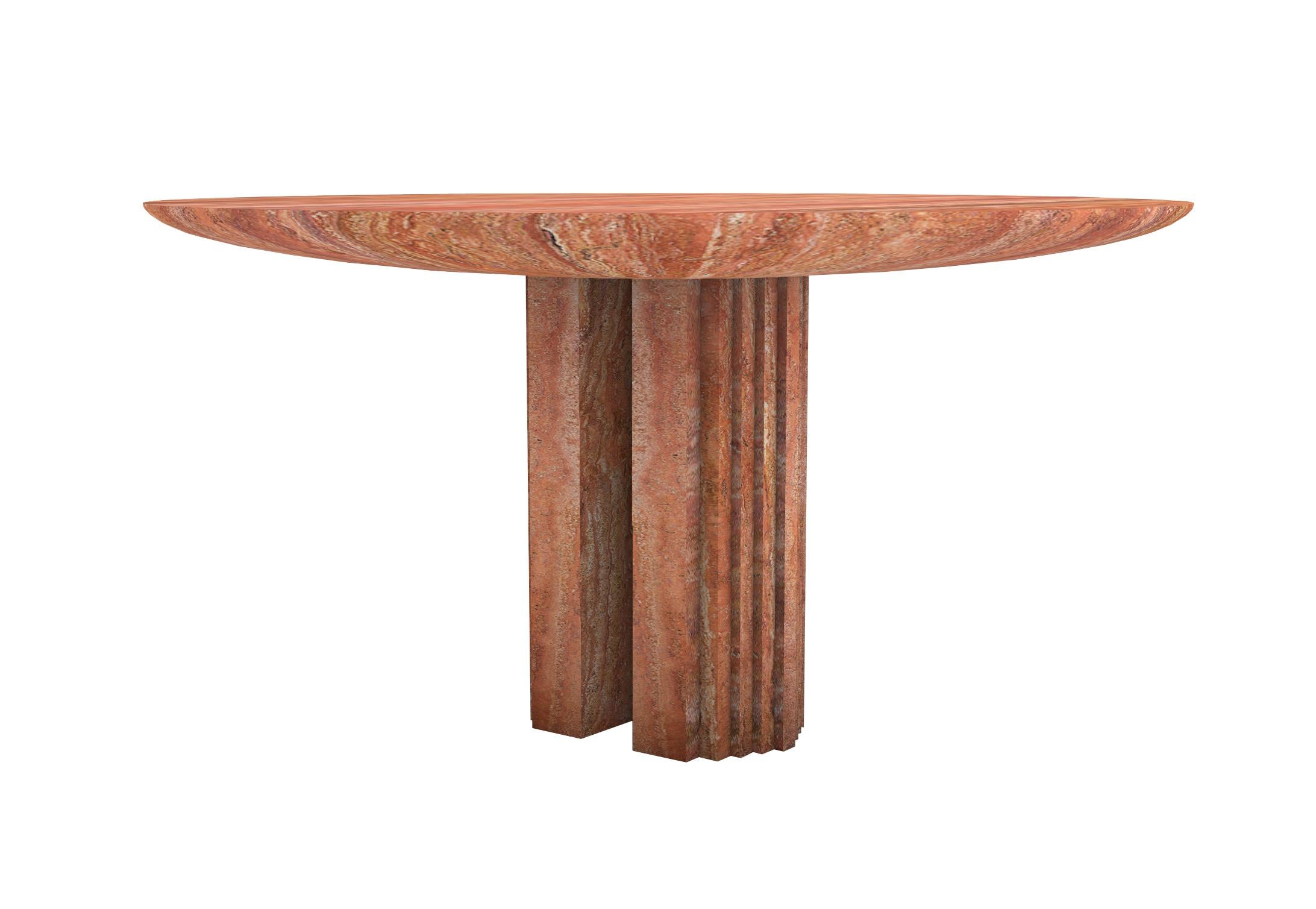“Dining table 0024c” is a sculptural table in Travertine Red created by the artist Desia Ava. 
The piece features strong lines and gentle curves. Marked by architectural aesthetics, on the borderline between sculpture and furniture the Marble block