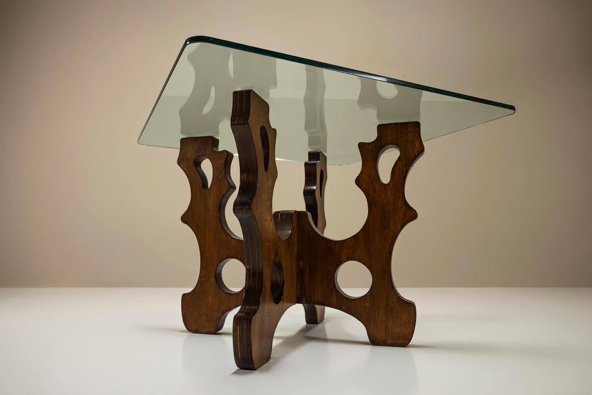 Sculptural Dining Table In Beech And Glass, Italy 1970's For Sale 1