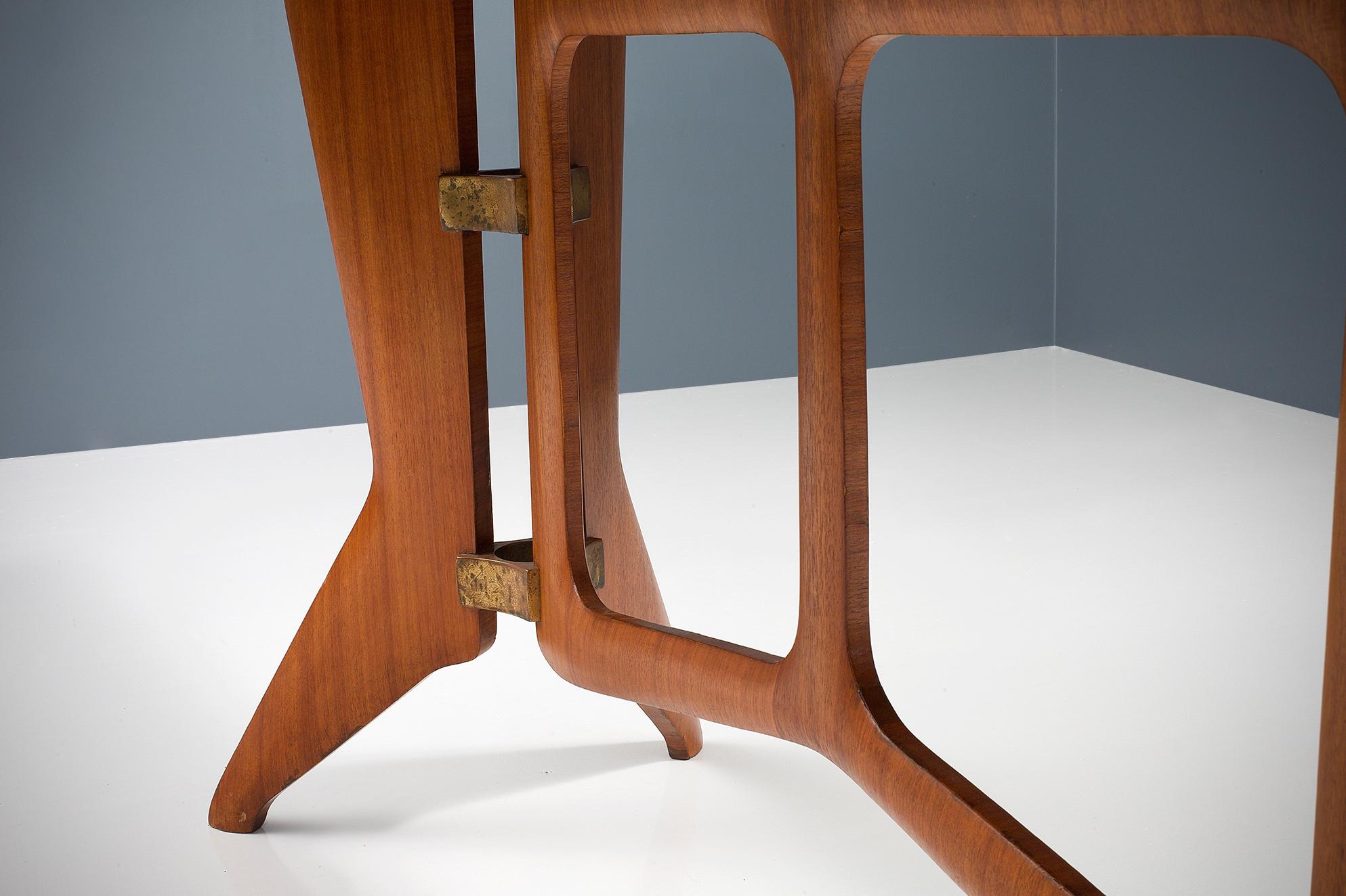 Italian Sculptural  Dining Table by Ariberto Colombo in Teak, Brass and Glass, 1950's For Sale