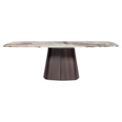 Table de salle à manger avec plateau biseauté de 12 mm en verre d'art trempé/eucalyptus
