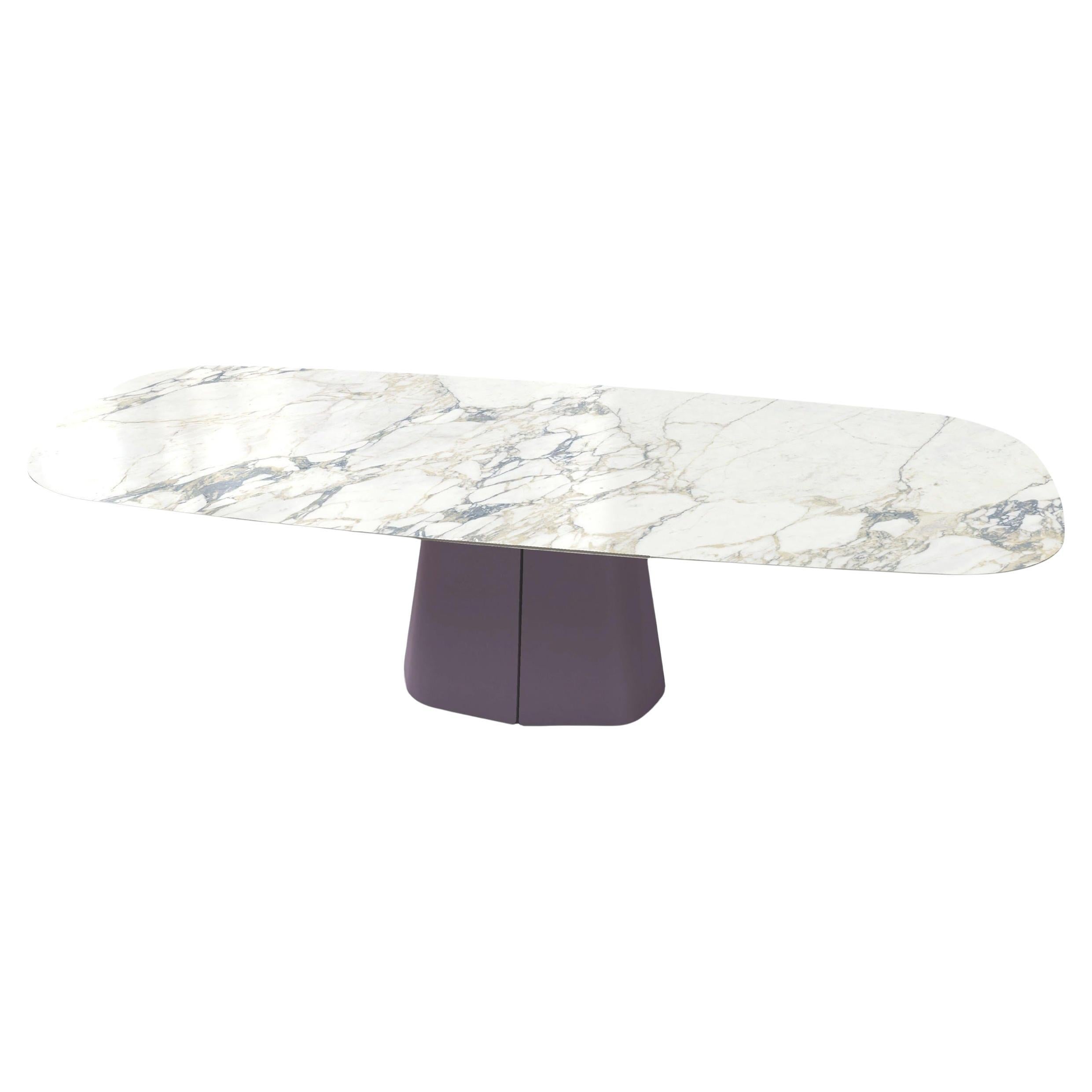 Table de salle à manger sculpturale à plateau ovale, céramique Arabescato/laque violette