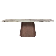 Table de salle à manger sculpturale à plateau ovale, plateau en céramique/pied en noyer