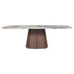 Table de salle à manger sculpturale à plateau ovale, plateau en céramique/pied en noyer