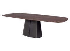 Table de salle à manger sculpturale, plateau ovale, marqueterie de noyer/métal bronze