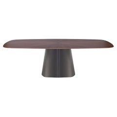 Table de salle à manger sculpturale, plateau ovale, marqueterie de noyer/métal bronze
