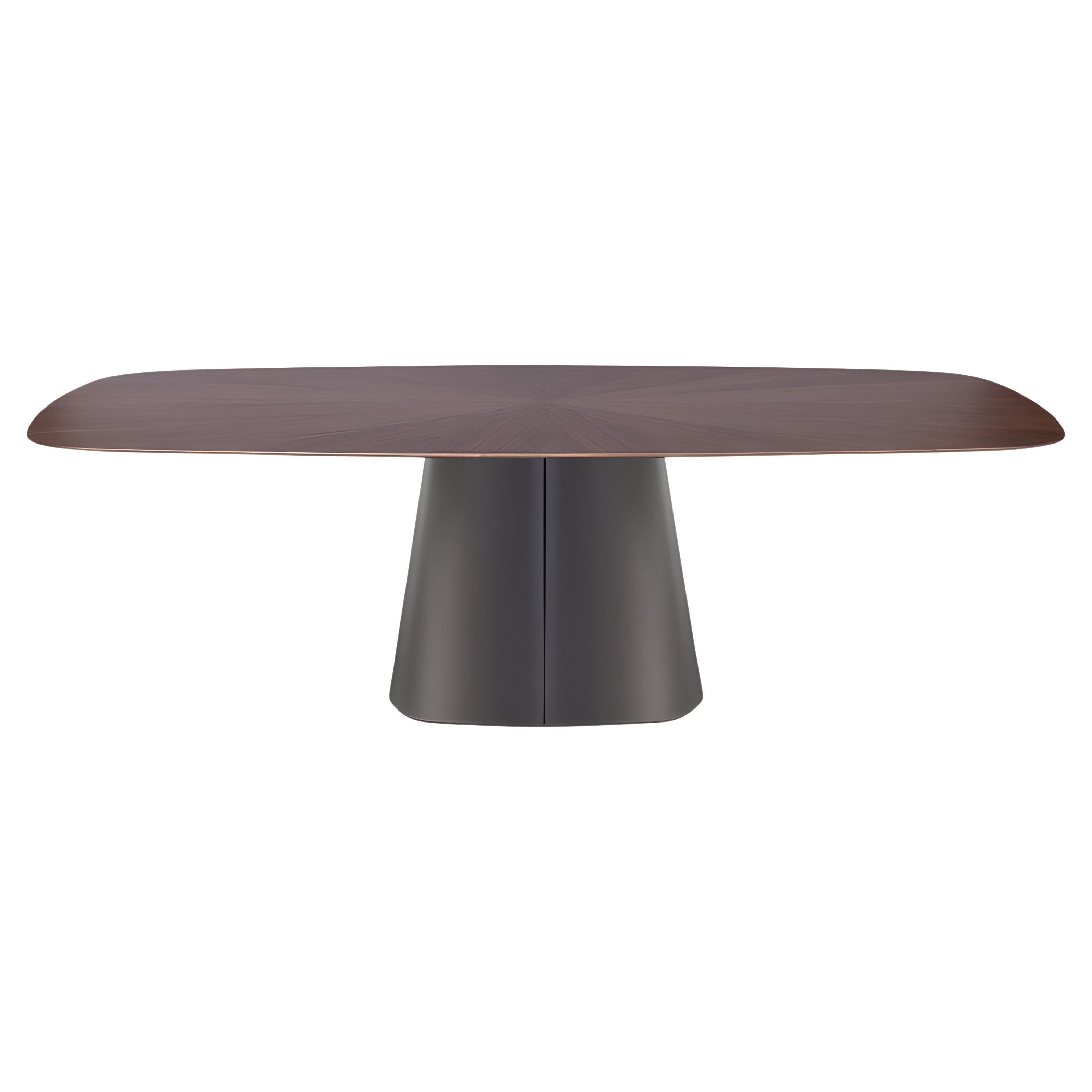 Table de salle à manger sculpturale, plateau ovale, marqueterie de noyer/métal bronze