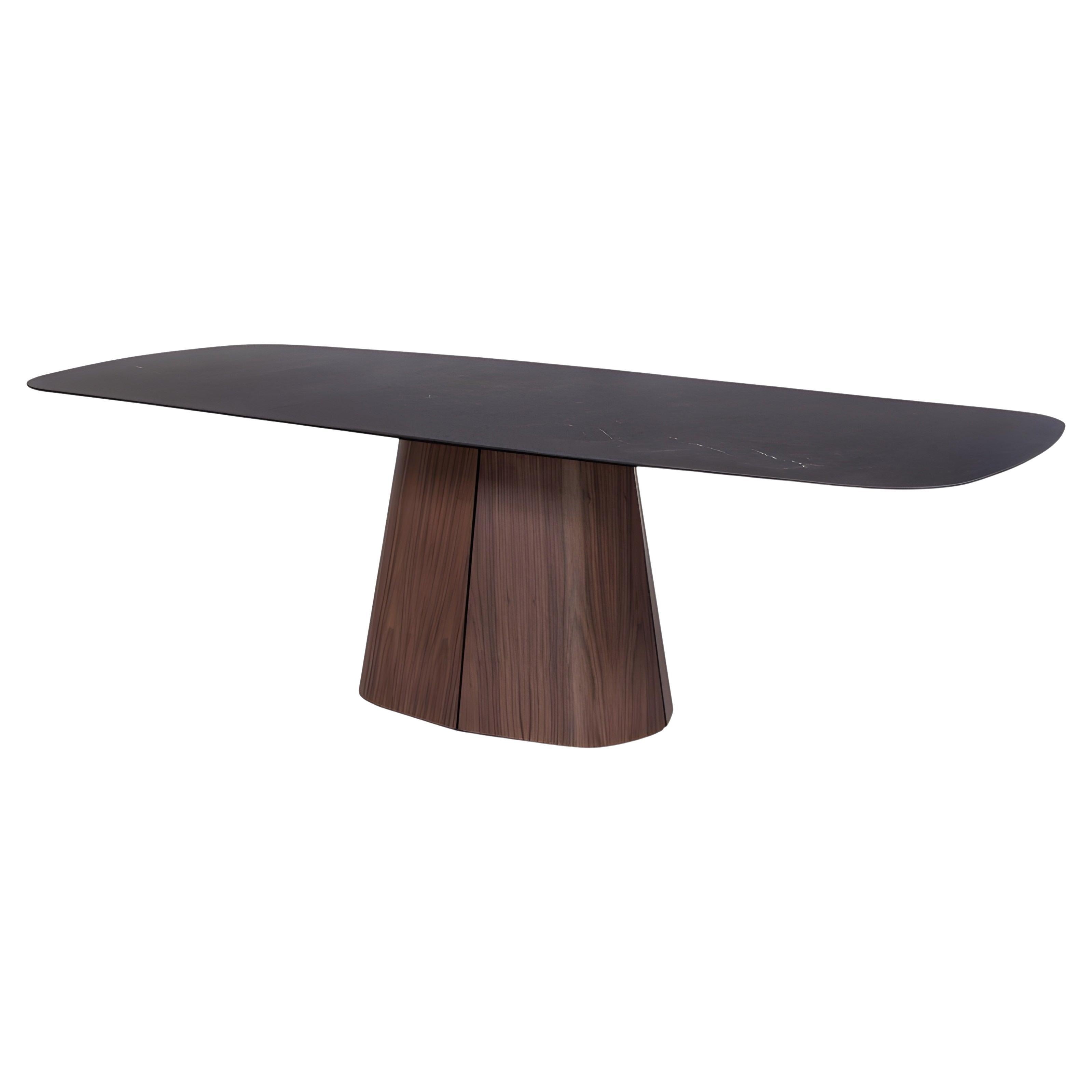 Sculptural Dining Table with Oval Shaped Black Ceramic Top/Walnut Base