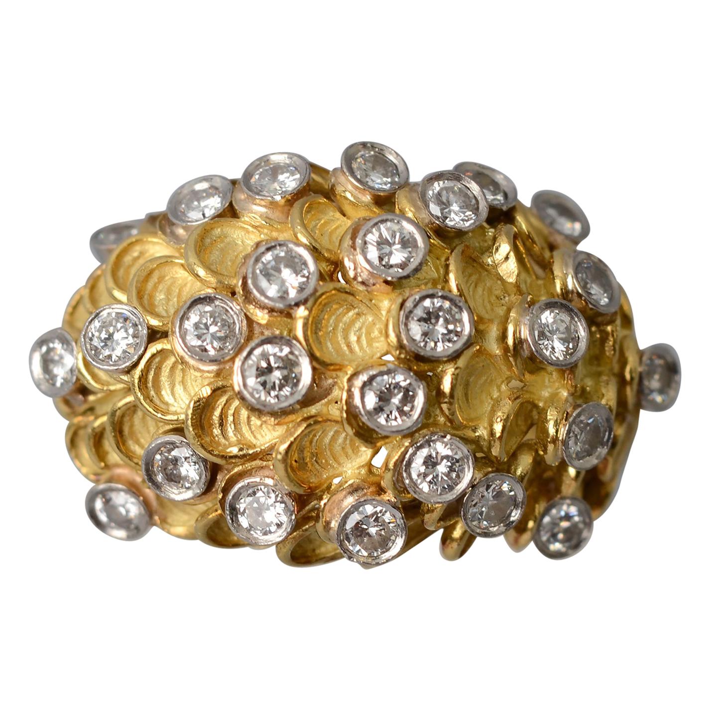 Sculptural Domed Gold Cocktail Ring with Diamonds For Sale
