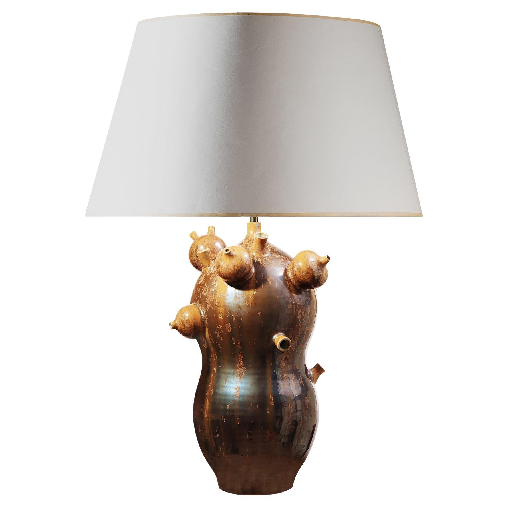 Sculptural Double-Gourd Table Lamp – Metallic Glaze with Organic Protrusions