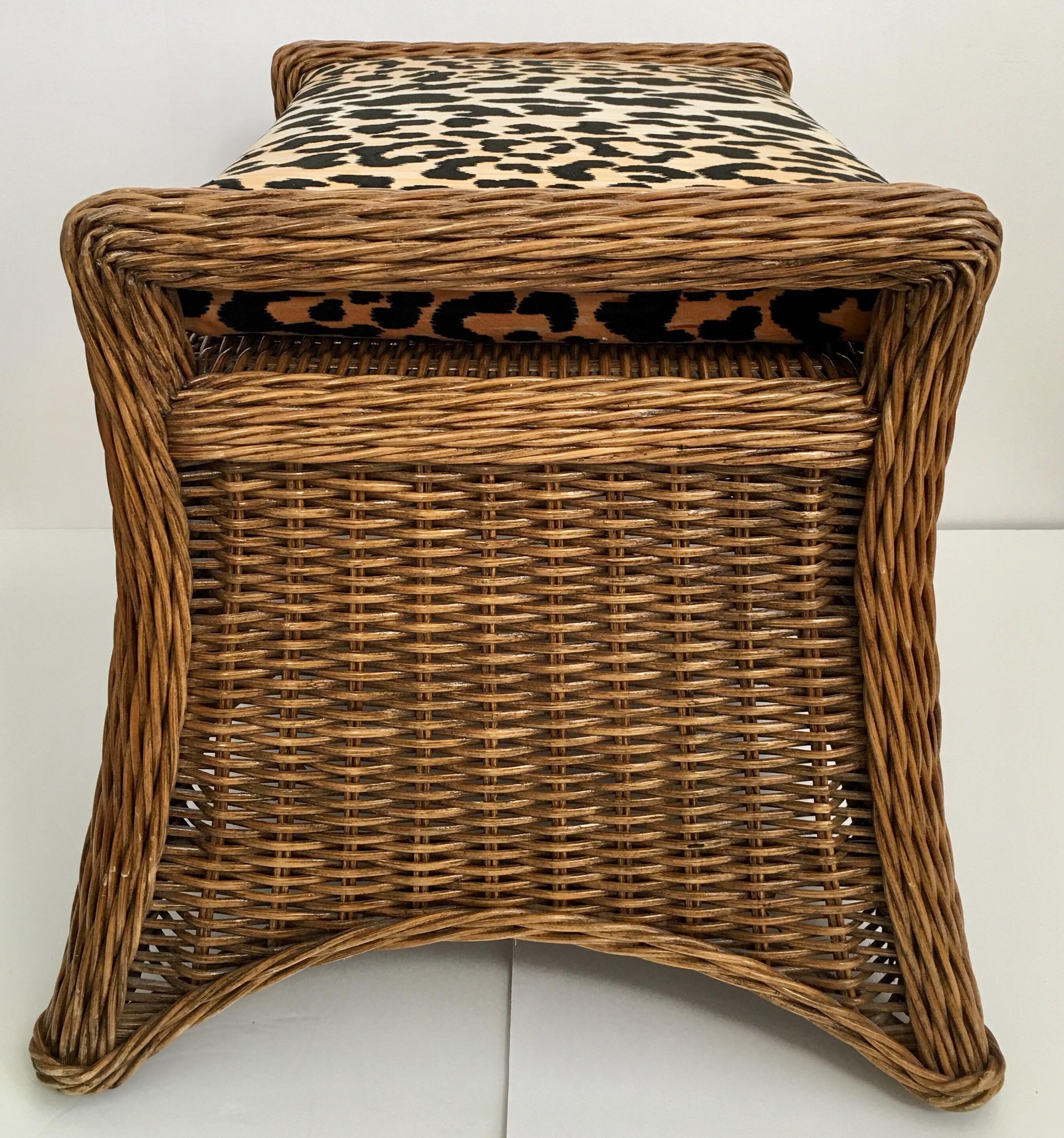 Hollywood Regency Sculptural Draped Wicker Bench with Animal Print Cushion
