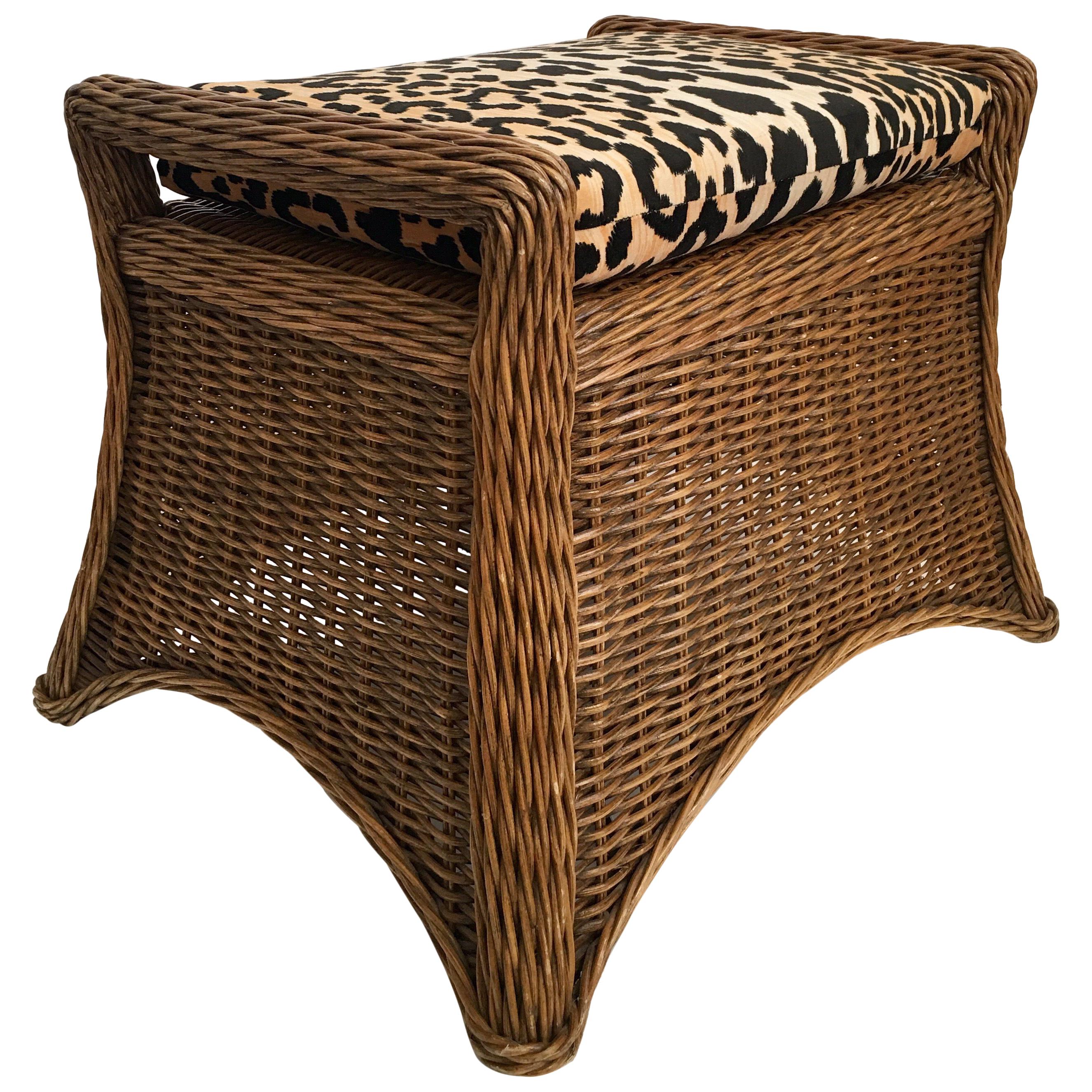 Sculptural Draped Wicker Bench with Animal Print Cushion