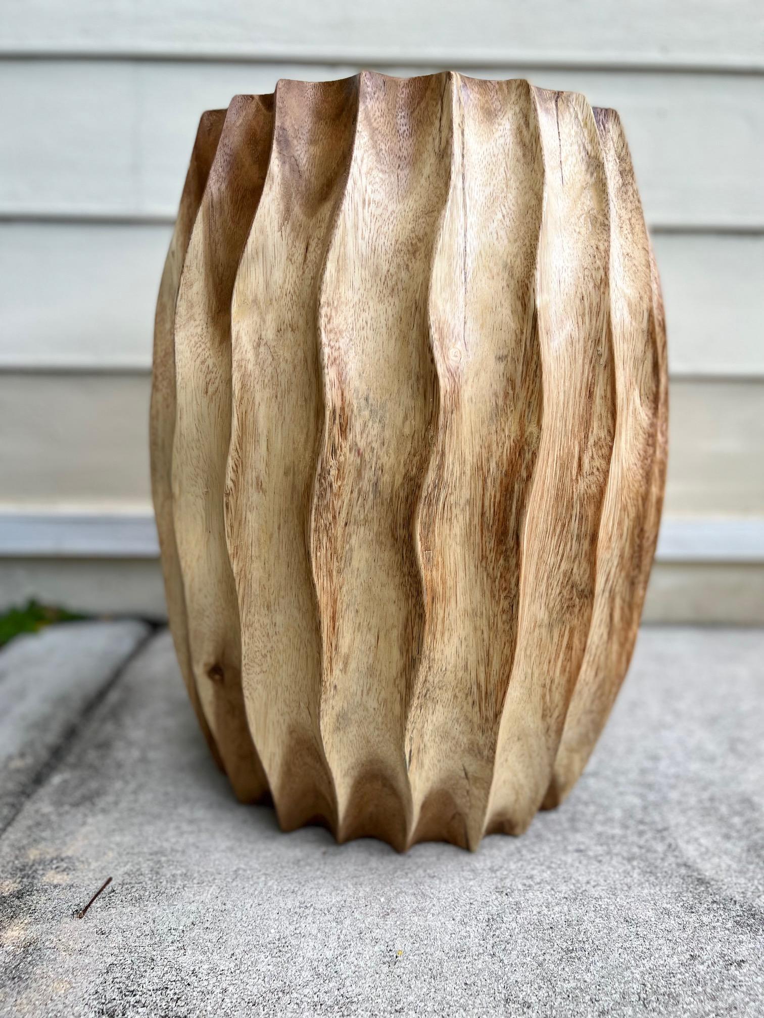 Sculptural Drum Side Table with Fluted Sides in Suar Wood, Thailand 3