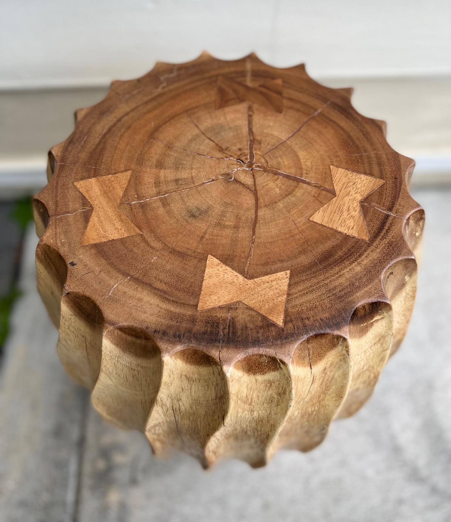 Sculptural Drum Side Table with Fluted Sides in Suar Wood, Thailand 4