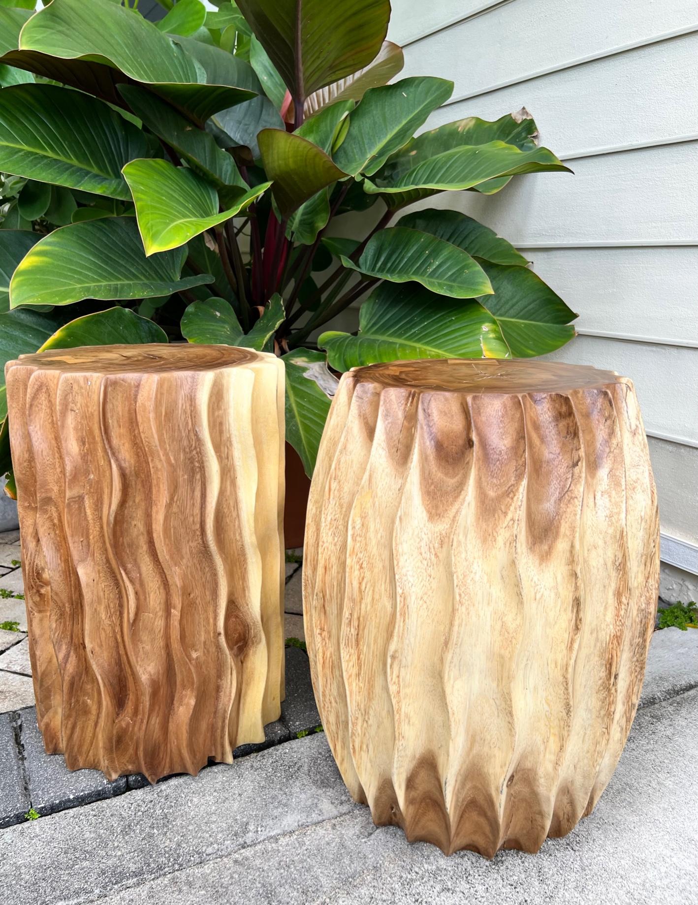 Sculptural Drum Side Table with Fluted Sides in Suar Wood, Thailand 5
