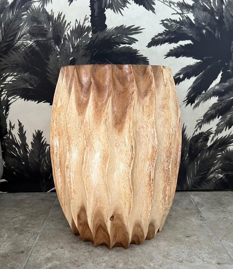 Organic Modern Sculptural Drum Table with Fluted Sides in Suar Wood, Thailand For Sale