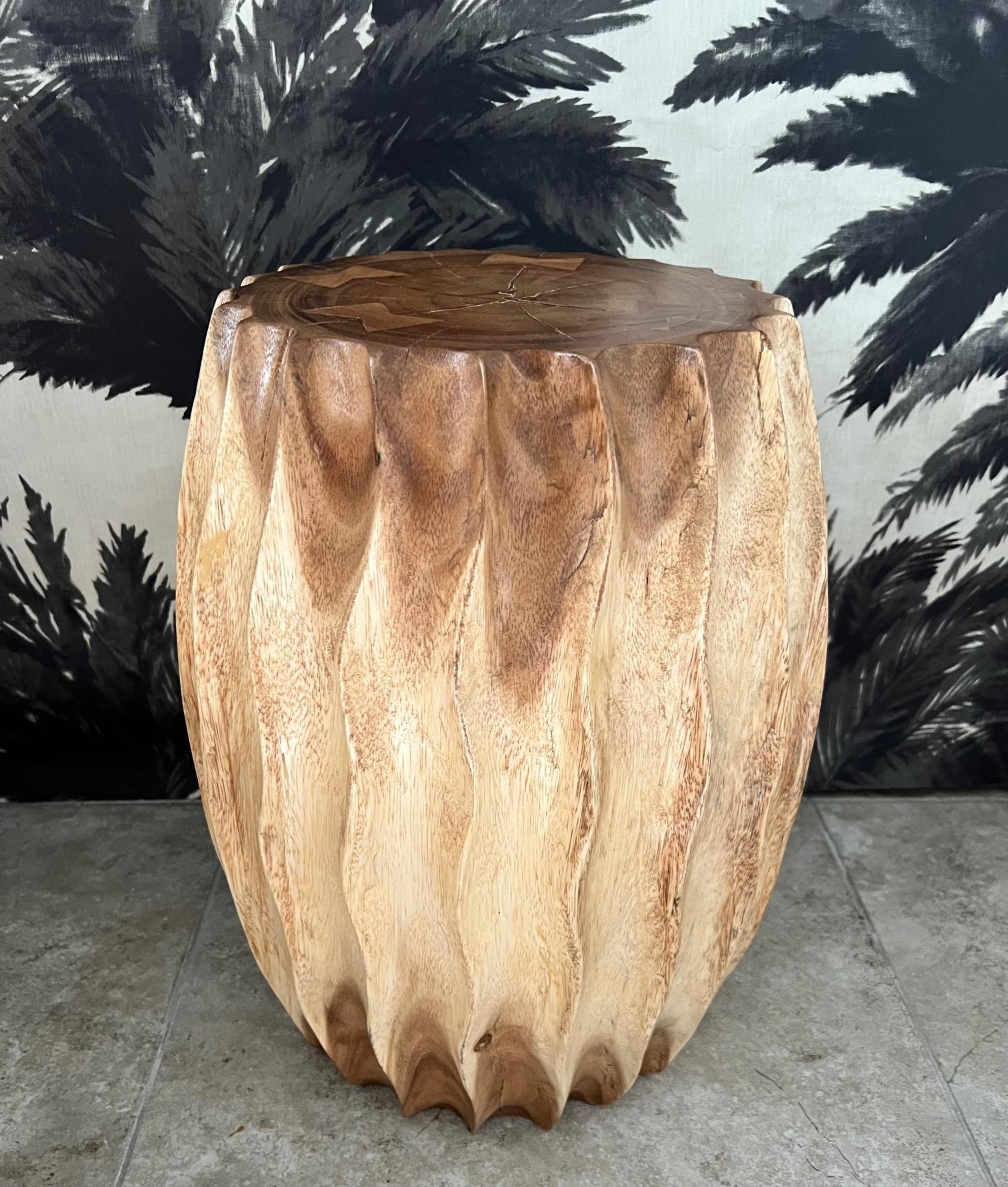 Organic Modern Sculptural Drum Side Table with Fluted Sides in Suar Wood, Thailand