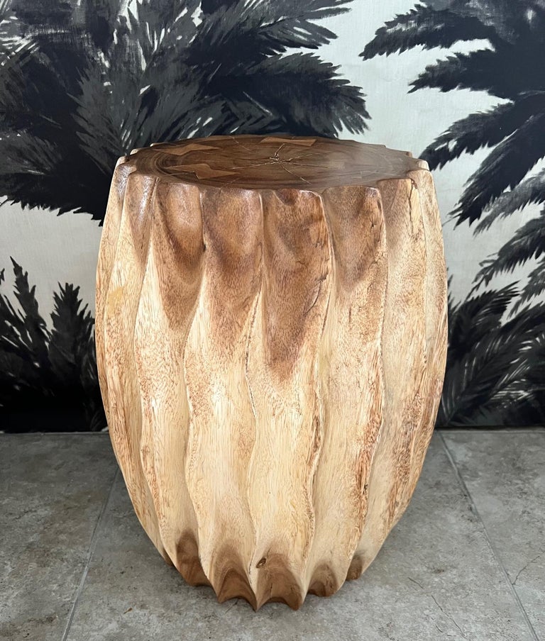 Hand-Carved Sculptural Drum Side Table with Fluted Sides in Suar Wood, Thailand