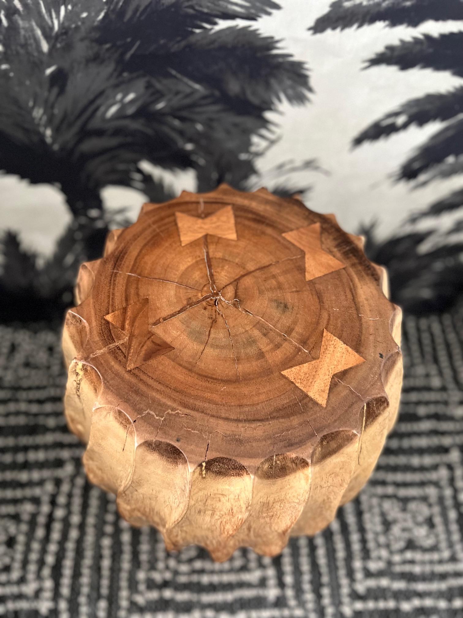 Hand-Carved Sculptural Drum Side Table with Fluted Sides in Suar Wood, Thailand